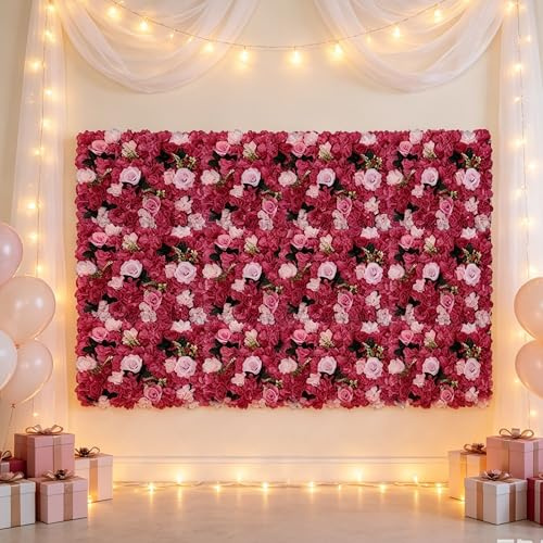 MooBeey 12 Stück 40x60 cm DIY Künstliche Blumen-Wandpaneel Set, Blume Wand Panel Dekorative Kunstblumen-Wandmatte, 3D Seiden Blumenwand Blumen Wanddekoration für Party Hochzeit Hintergrund (Rot)