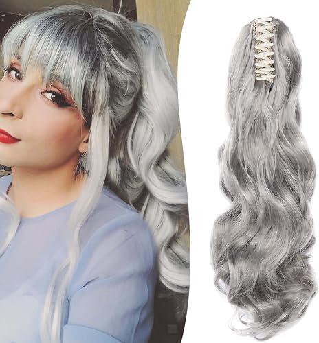 Gairyan 50cm Pferdeschwanz Haarteil Zopf Extensions Lang Lockige Claw Clip in Ponytail Extensions Synthetik Haare Extensions Gewellt Haarteil Haarverlängerung für Frauen (Dunkelgrau)