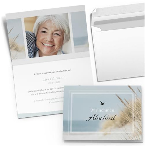 10x Einladung Beerdigung und Trauerfeier PERSONALISIERT | INDIVIDUALISIERT mit Text Foto und Umschlägen Klappkarte stilvoll hochwertig Karten Strand Seebestattung Meer Dünen