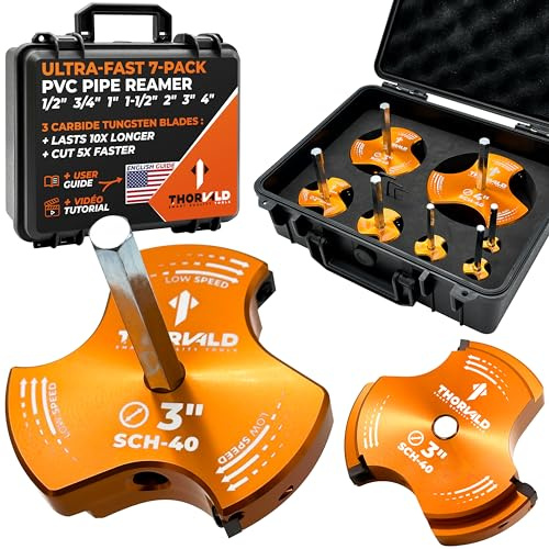 THORVALD Alésoir de tuyau en PVC TriForce – 7 tailles avec lames en carbure de tungstène – Tutoriel vidéo + guide de l'utilisateur – 3 lames économiseur de raccords PVC pour plomberie – Tailles