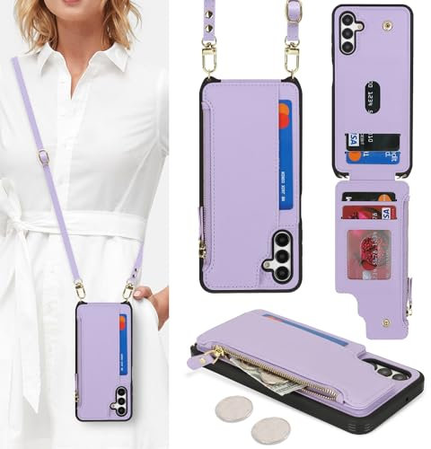 SailorTech Custodia per Samsung Galaxy A15 in Pelle Portafoglio con porta carte di credito, Cover per Samsung A15 Cellulare Regolabile Collana con slot per carte di credito-Viola