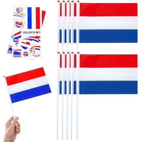 10pcs Small Netherlands Flags on Sticks & 2pcs Temporary Tattoos for Football 2025 Party,Mini Netherlands Flags on Sticks Hand Held Flags for VE Day 80th Events Celebration Swiss Party Decor