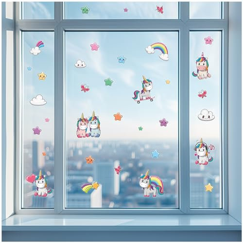 Yabaduu Fensterbilder 3x DIN A4 Bögen Fensterfolie Sticker für Kinder Badezimmer Kinderzimmer Wohnzimmer Aufkleber Fensteraufkleber wasserfest Y076 (08 Einhörner)