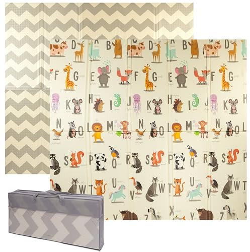 Baby-Spielmatte, faltbar, sensorisch, wasserdicht, ungiftig, wendbar. Vielseitige Matte, perfekt zum sicheren Krabbeln. (Style and Alphabet, 180cm x 200cm x 1cm dick)