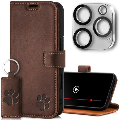 SURAZO Wallet Mobile Phone Case for Apple iPhone 16 Pro Max Leather - Genuine Leather Protective Case with Paw Motif - RFID Flip Case [Magnet, Stand Function, Card Slot, Camera Protection] Flip Cover