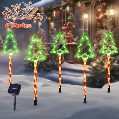 Solar Weihnachtsdeko Aussen - 5 Stück Solar Weihnachtsbaum-Süßigkeitslichter mit 8 Beleuchtungsmodi, wasserdichte, LED Weihnachten Deko für Garten, Hof, Rasen, Gehweg (Weihnachtsbaum)
