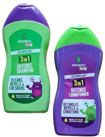 Approved Kids Lice Repellent 3 in 1 Defence Shampoo & Conditioner duo set. 300ml Shampoo cleans, repels & freshens. 300ml Conditioner detangles, repels & conditions. Contains Tea Tree Oil. 2 pack.