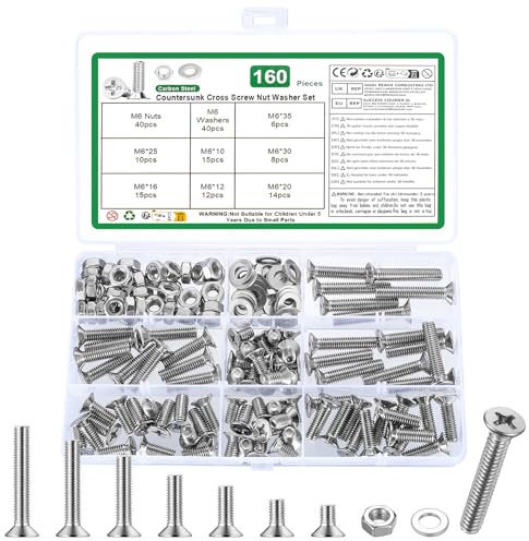 160 Stk M6 Schrauben Set, Senkkopfschrauben Muttern Set, Flachkopfschrauben und Muttern Set, Kreuzschlitz Maschinenschrauben Sortiment, Gewindeschrauben Set mit Unterlegscheiben Set(Silber, M6)