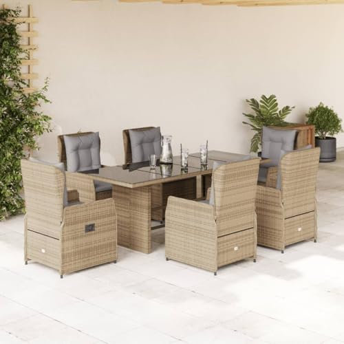 IKAYAA Rattan Essgruppe für 6 Personen,Gartenmöbel Essgruppe mit Tisch Glas und 6 Verstellbare Hochlehner Stühlen, Garten Sitzgruppe inkl. Sitzkissen Beige und Grau