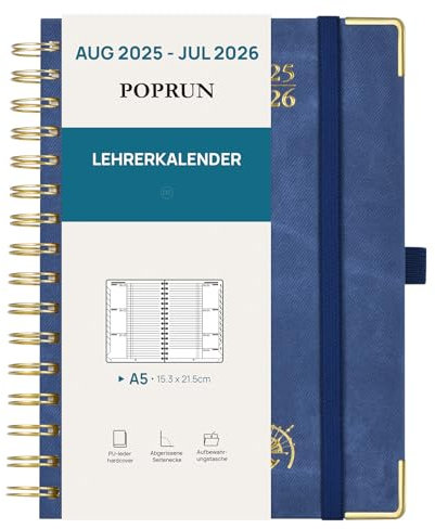 POPRUN Lehrerkalender 2025 2026 Ringbuch DIN A5 - Lehrerplaner 25/26 für die Unterricht mit Monatliches Register. Schulplaner mit PU-Leder Hardcover für Lehrerinnen und Lehrer - Dunkelblau