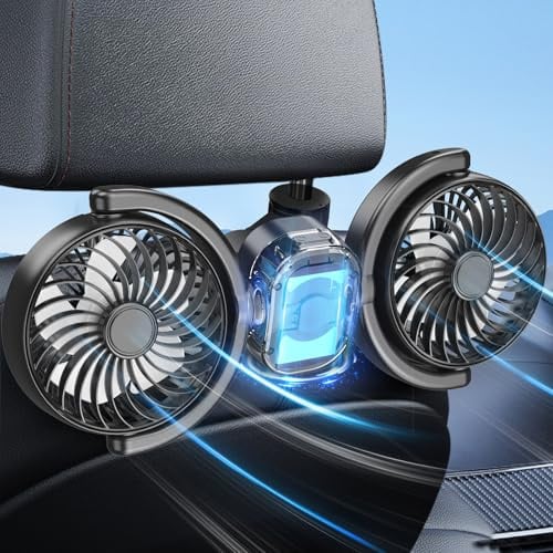 Dealswin Ventilador de coche recargable para asiento trasero de niños y bebés, con batería y USB de doble potencia, potente 3 velocidades, giratorio de 360°, ventilador de asiento de coche para sedán