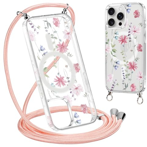 Krdvekm Coque avec Cordon pour iPhone 15 Pro Max 6,7'', Aesthetic Fleur Motif Magnétique Transparente PC Compatibilité avec MagSafe Cover avec Laniere Accroché Housse Antichoc Protection Case, Rose