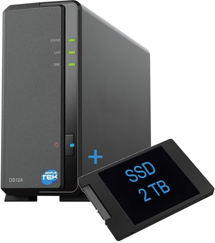 SIMPLETEK - Stockage réseau NAS 1 baie avec SSD 2 To SATA 2,5 pouces, Ethernet gigabit, 1 Go de RAM, USB 3.2, - Noir