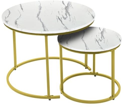 ZOLTA 2er Set Couchtische Rund Industrial Loft Beistelltisch Ø60cm & Ø40cm Wohnzimmer Tisch MDF Metall Nesting Tables modern platzsparend stabil Wohnzimmertische Design weiß Gold Marmor