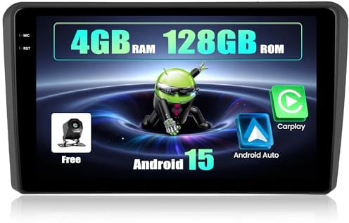 SIXWIN 4+128G Android 15 Autoradio per Audi A3 2003-2012/S3 2006-2012/RS3 2011-2012 con CarPlay/Android/Mirror Link, 9 HD TouchScreen Schermo Navigatore WiFi RDS FM USB Bluetooth+Telecamera