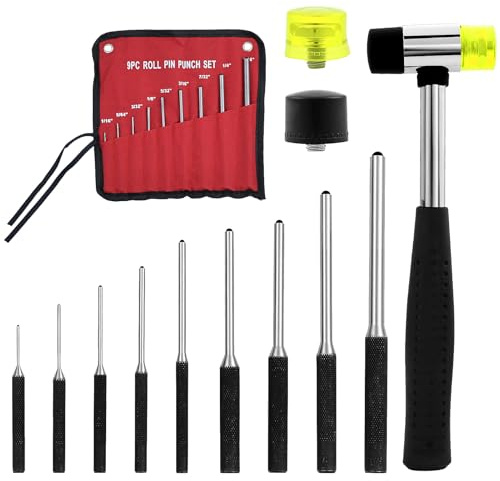 9 Piezas Juego de punzón de pasador de rodillo, herramienta de reparación con 2 mazos de martillo con punta de goma y soporte para armería, automoción, carpintería, joyería artesanal