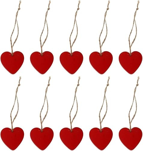 20PCS Red Wooden Love Hearts Hanging Decorations with String Durable Hanging Love Heart for Valentine's Day and Anniversary Decoration 4CMX4CM