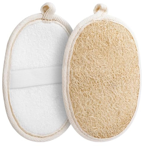 Gant Exfoliant Corps, Gant de Crin, Gant de Crin Exfoliant Corps, Gant Exfoliant, Lot de 2 Éponges de Loofah Naturelles 14.5x10 cm, Gommage Doux pour la Douche avec Sangle et Bordure en Velours