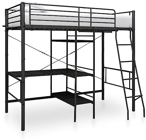 mtlskopl Etagenbett Metall Schwarz 90x200 cm Robuster Hochbett Rahmen mit Sicherheitsgeländer & Leiter Modernes Design für Jugendzimmer Gästezimmer und kleine Räume