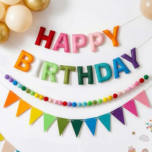 OLANRUN Geburtstagsdeko, Mit Happy Birthday Felt Girlande Sign, Wimpelkette Geburtstag, Pompon Girlande, Wiederverwendbares Regenbogen Happy Birthday Party Deko Banner Für Mädchen Junge Frauen Mann