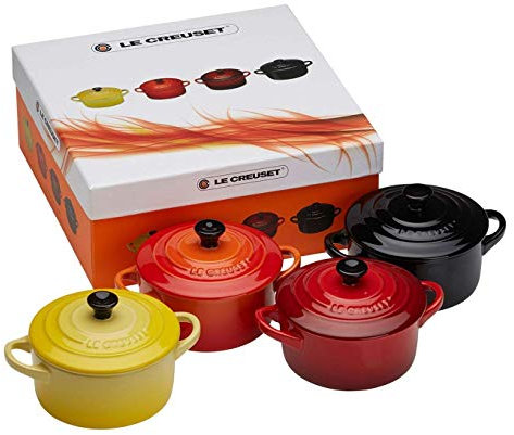 Le Creuset, Set de 4 Mini-Cocottes Rondes, 200 ml, 10 x 5 cm, Céramique, Jaune/Cerise/Volcanique/Noir