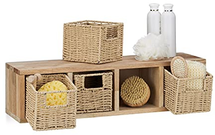 Relaxdays Wandregal 2er Set Walnuss 2 herausnehmbare Körbe, Natur | natürliches Design, zur Wandmontage