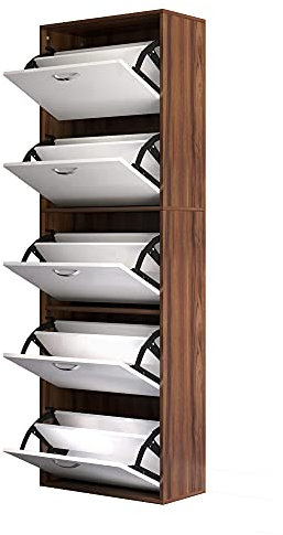 HOMCOM Scarpiera Slim Salvaspazio a 5 Livelli per 30 Paia max con 2 Ripiani per Livello, Mobile Portascarpe in MDF, 60x28x189 cm, Bianco e Marrone