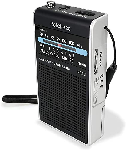 Retekess PR15 Radio meteorológica NOAA de Bolsillo, Radio AMFM de Emergencia portátil, Radio de Transistor pequeño Alimentado por batería AAA para Caminar, Acampar (Negro Plateado)