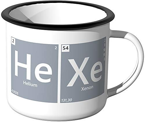 JUNIWORDS Emaille-Tasse, Periodensystem Hexe He Xe, Schwarzer Tassenrand