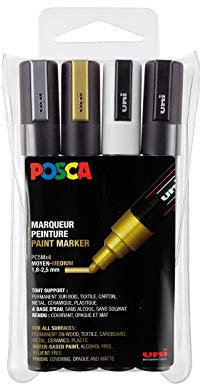 POSCA Mitsubishi Pencil - 4 Marqueurs PC5M - Couleurs Métalliques - Pointe Conique Pointe Moyenne - Marqueurs Peinture à Base d'Eau - Tout Support - Pour Papier, Textile, Verre, Galet, Bois