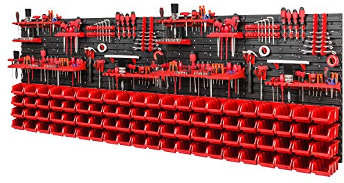 PAFEN Système de rangement mural à outils, 2308 x 780 mm, avec porte-outils et 84 boîtes empilables rouges, étagère murale, étagère d'atelier, paroi perforée, boîtes de rangement à bec