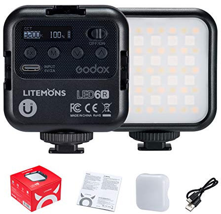 Godox LITEMONS LED6R RVB Lumiere Vidéo LED, Mini LED Lampe,HSI Ajustable 36000 Couleurs, CCT Bicolore 3200K-6500K, CRI 95, 3 Cold Shoe, Supporte l'attraction Magnétique