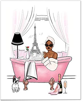 ZHONGYUTONG Afroamerikaner Dusche Leinwand Kunstdruck Schwarze Frau in der Badewanne Wand Gemälde Vogue Foto Poster Bild für Badezimmer Wohnzimmer Mädchen Geschenke (20x25cm Kein Rahmen)