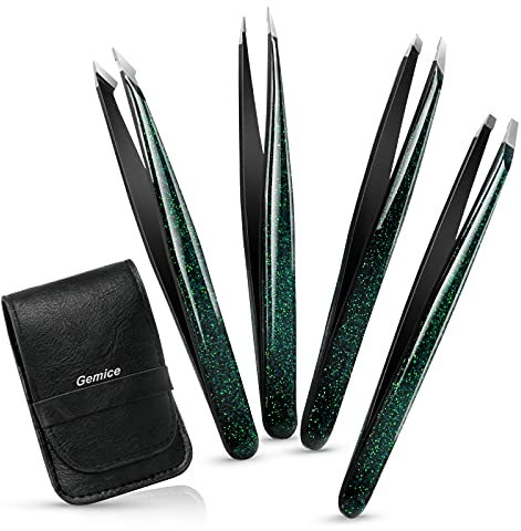 Gemice Augenbrauen Pinzetten Set mit Etui (4-teilig) Verbesserte Spitze Pinzette Augenbrauen Zupfen Profi Augenbrauenpinzette mit Anti-rutsch Beschichtung Zupfpinzette