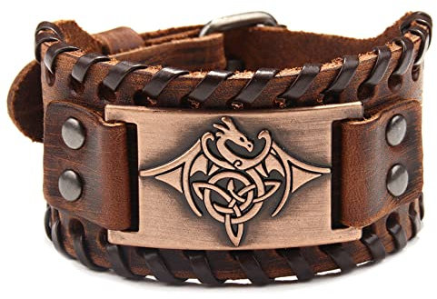 Thajaling Flying Dragon Totem Lederarmband, Wikinger Totem Vintage Armband, breites Lederarmband mit keltischem Knoten, Modearmband für Männer (Braun)