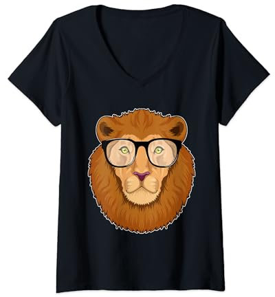 Damen Löwe Nerd Brille T-Shirt mit V-Ausschnitt