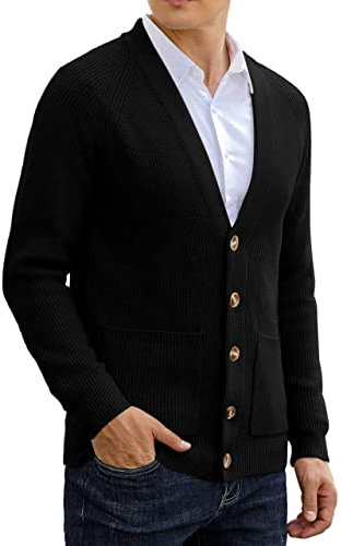 Sailwind Mens Long Sleeve Cardigan Autumn Chunky Knitted V Neck Button Cardigan Soft Cable Knit Sweater for Men (Black, L)