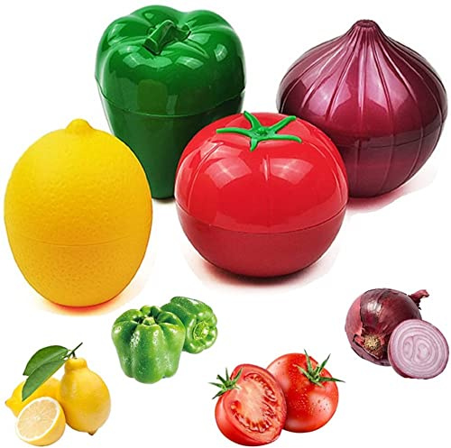 Cebolla, tomate, limón, pimienta verde, 4 piezas de almacenamiento de alimentos en forma de frutas y verduras, silicona reutilizable, caja de almacenamiento para refrigerador