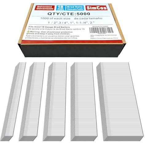 5000 pcs 18 Gauge Brad Nails (1/2,3/4,1,1-1/4,2) Galvanized 18 GA Nail Gun Nails Assorted and Small Finishing Nails for Pneumatic, Electric Brad Nailer