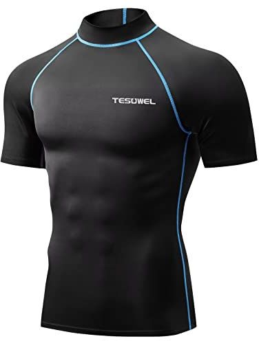 Tesuwel Rash Guard for Men Short Sleeve UPF 50+ Mens Swim Shirts UV Protection Compression Water Shirts for Surfing Quick Dry, 2-black-blue, M
