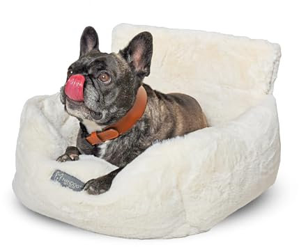 NANDOG Luxuriöses Cloud Hunde-Auto-Sitzbett in gebrochenem Weiß – Ultra-Plüschstoff, waschbare Polsterung und sichere Sicherheitsgurtgurte für kleine/mittelgroße Hunde
