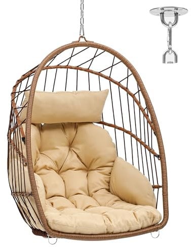 YITAHOME Silla Columpio Carga Máx. 150kg Silla Colgante con 2 Cojines, Estructura de Mimbre Resistente, 74x72x105cm Silla Colgante con Cadena y Gancho para Jardín, Interior, Silla Marrón & Cojín Beige