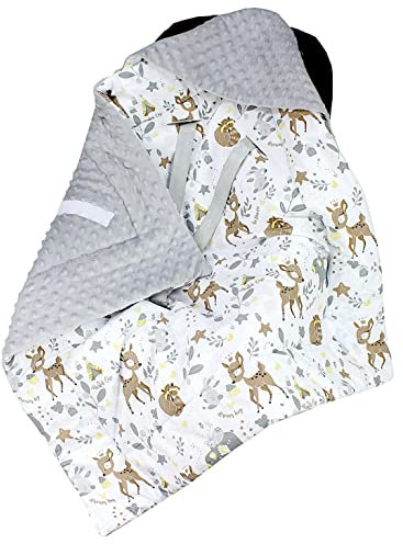 TupTam Baby Winter Einschlagdecke Babydecke 75x75cm für Autositz Babyschale Wattiert Minky Baumwolle Universal, Farbe: Tiere im Wald/Waschbären/Rehe/Grau, Größe: Einheitsgröße