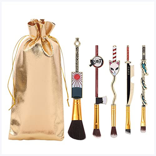 FnnEmg Demon Slayer Makeup Pinsel Set - 5 Stück - Schwarz - Synthetisches Haar - Kunststoffgriff - 4 Zoll - Für Lidschatten, Zum Eyelining