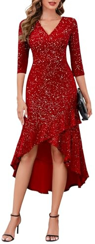 Berylove Festival Outfit Damen Abendkleider Elegant Für Hochzeit Glitzer Kleider Für Damen Rot Kleid Mit Ärmel Ballkleider BLP7065 Red L