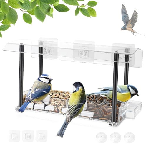 EXLECO Vogelhaus für Fenster - Transparentes Acryl Futterhaus mit 3 Saugnäpfen und 6 Haken - Vogelfutterspender für Balkon, Meisen, Spatzen und Wildvögel