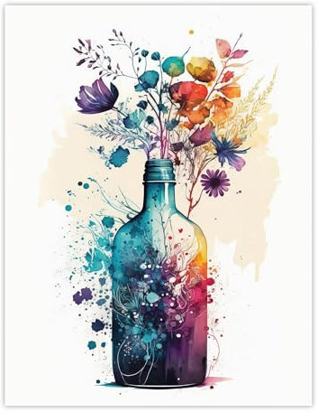 Wee Blue Coo Gin Bottle Flowers Watercolour Painting Blue Purple Orange Spring Flower Blooms Large Wall Art Poster Print Thick Paper 18X24 Inch