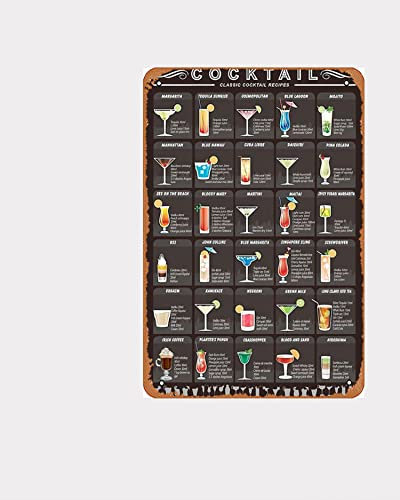 Cocktail-Poster, klassische Rezepte, Cocktail-Rezepte, Cocktail-Geschenke, Cocktail-Guide, Cocktail-Menü, vertikales Poster, kein gerahmter Kunstdruck, Wandkunst, Metallgemälde, 30,5 x 20,3 cm,