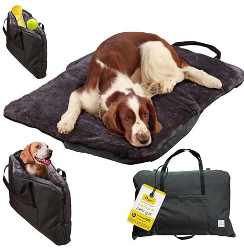 Wanderpfote Hundebett für Unterwegs – hochwertiges Orthopädisches Hundebett – praktische Tragetasche für Gepäck oder Tragehilfe Hund – Hundematte OekoTex und GSR Zertifiziert (Grau, L)