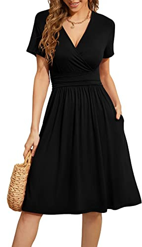 Actcat V-Ausschnitt Kleid Kurzarm Casual Kleider Sommerkleid mit Taschen | mit Taschen,Wrap,Elegant,a linie,Freizeitkleid,Floral Kleid
